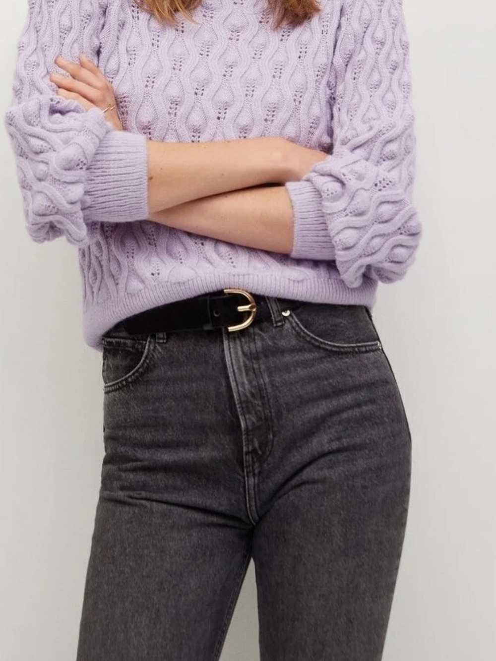 Mango MNG Lilac Cable Knit Crewneck Sweater Size Large EUC